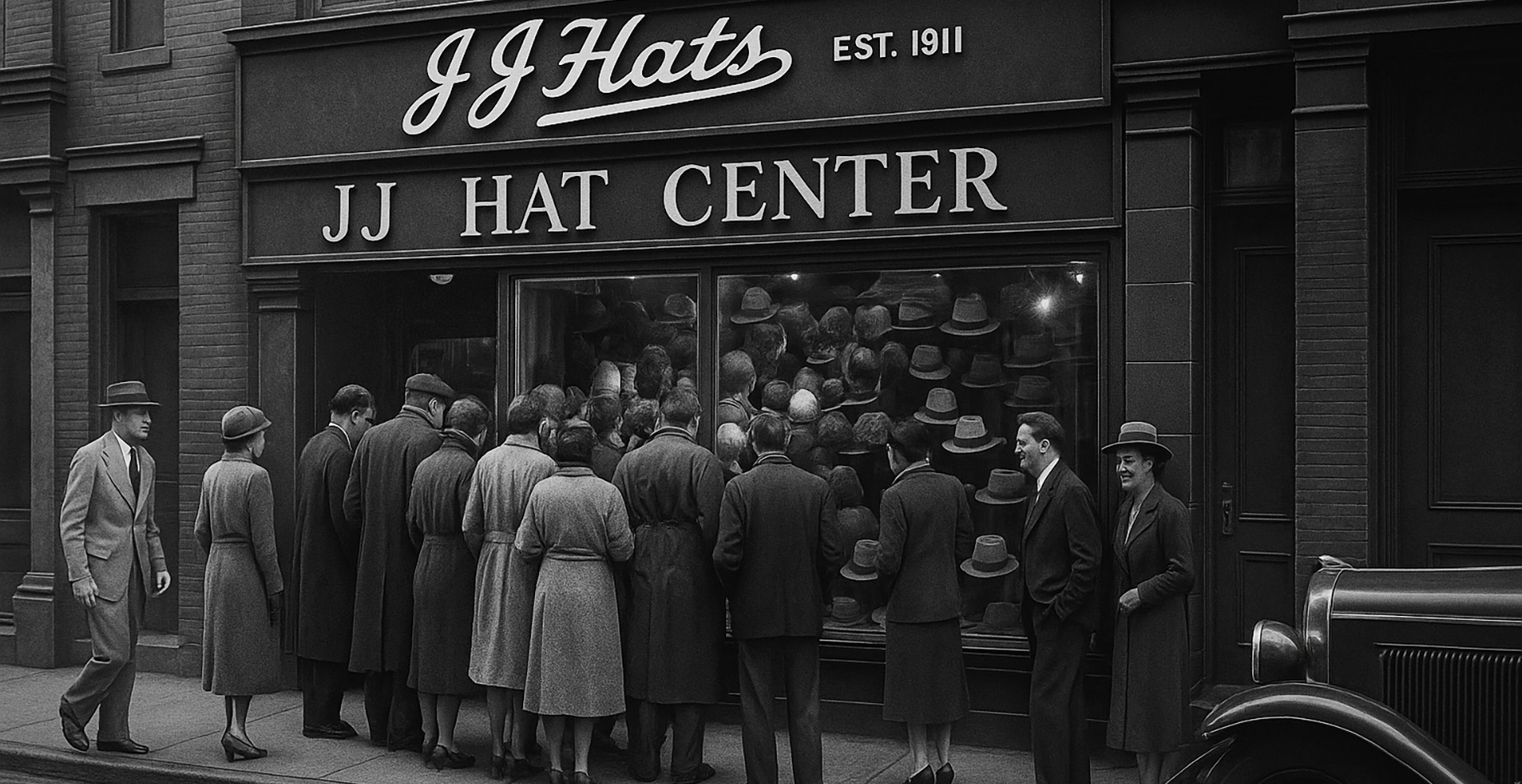 Historische Schwarz-Weiß-Aufnahme des JJ Hat Center in den 1930er Jahren: Mehrere elegant gekleidete Menschen stehen vor dem Schaufenster und bestaunen die Hutauslage, rechts ist der Vorderwagen eines Oldtimers zu sehen.